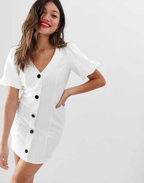 Asos Design - Robe Courte À Coutures Apparentes Avec Manches Bouffantes Et Boutons Contrastants