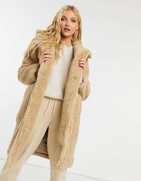 New Look Longline Teddy Borg Coat In Stone-neutral