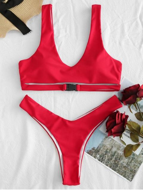 Bikini De Pierna Alta Con Corte De Hebilla Zaful Lava Red