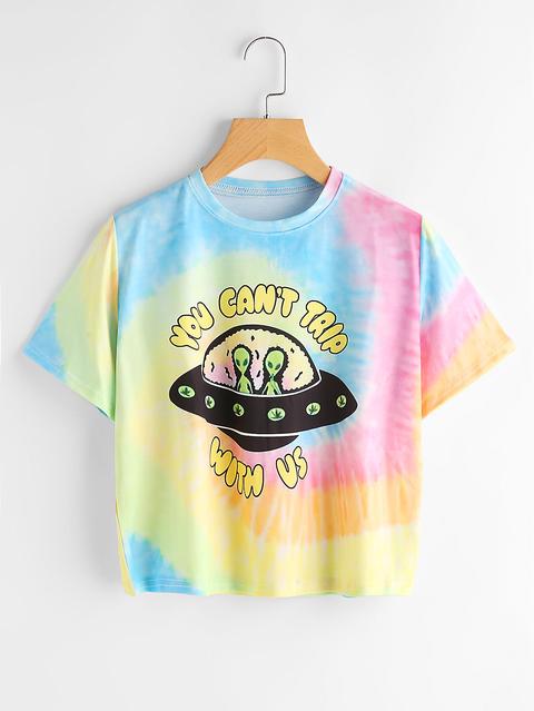 Slogan Alien Print Water Color Tee