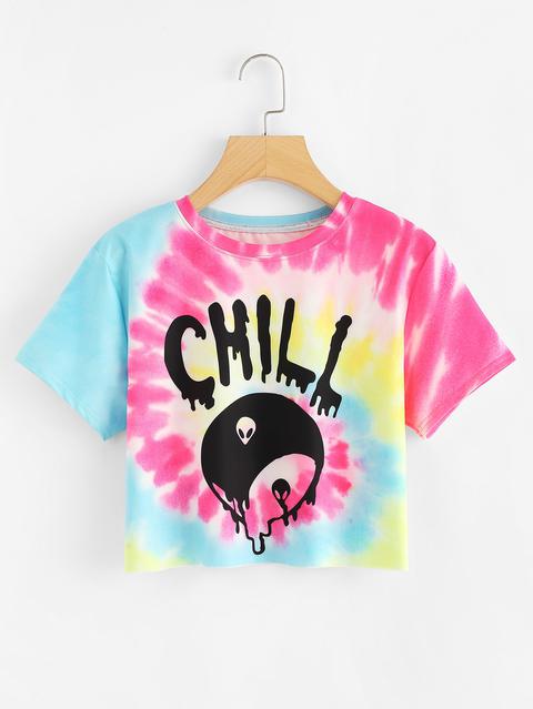 Camiseta De Tie Dye Con Estampado De Dibujo Y Letras from SheIn on 21  Buttons
