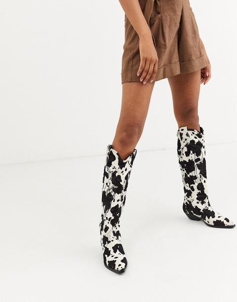 Botas Por La Rodilla Estilo Western De Cuero Efecto Piel De Poni Con Diseño De Vaca Cobra Premium De Asos Design-multicolor