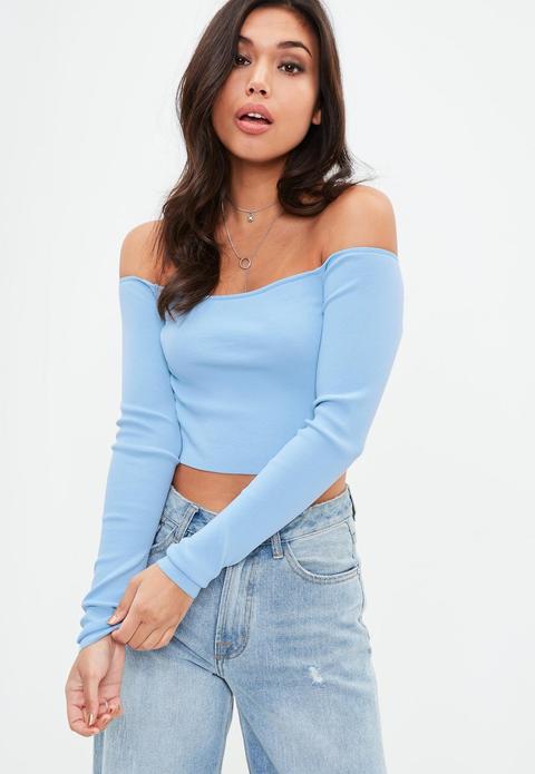 Blue Bardot Knitted Crop Top, Blue