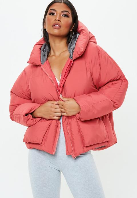 Pink Oversized Hooded Ultimate Puffer Jacket, Red