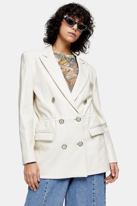 Idol White Leather Double Breasted Drawstring Waist Blazer