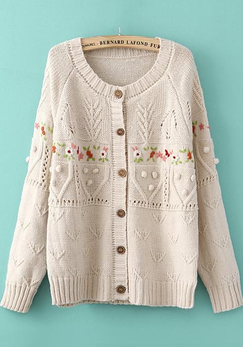 Maglione Ricamo Manica Lunga Beige