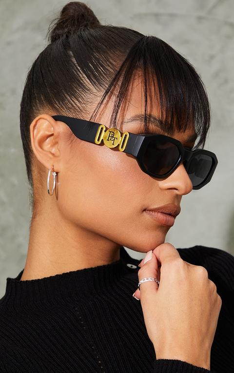 Prettylittlething Black With Gold Side Detail Round Frame Sunglasses