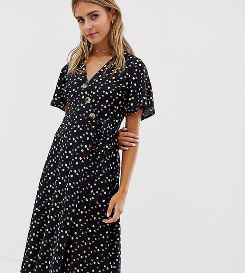 Wednesday's Girl Midi Tea Dress With Faux Horn Buttons In Scattered Spot-black