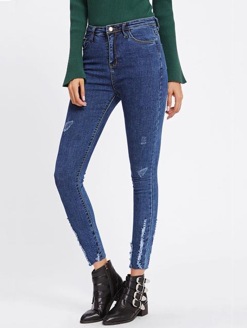 Scratches Frayed Hem Skinny Jeans