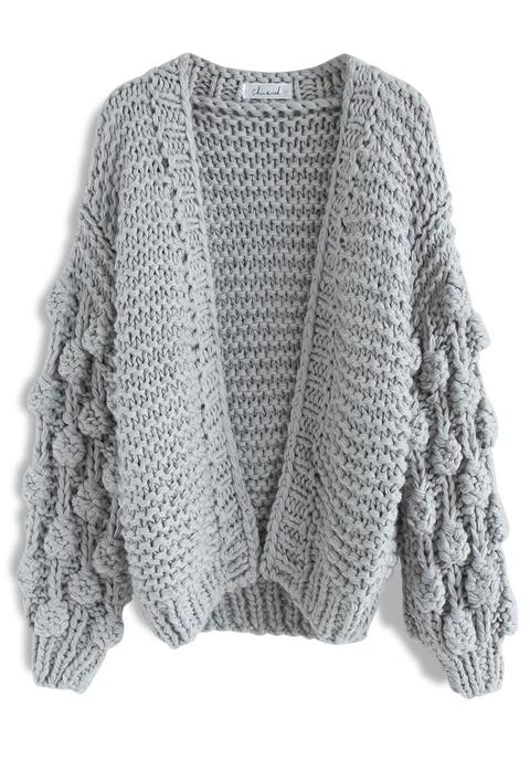 Cuteness On Sleeves Chunky Cardigan In Grey