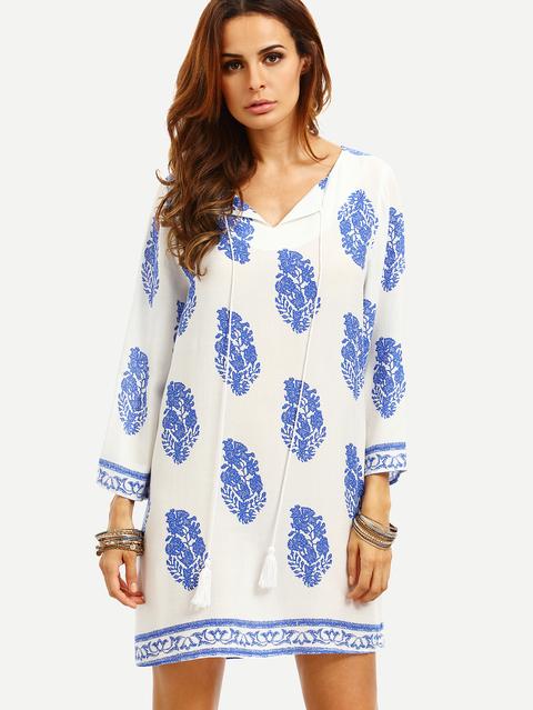 Blue Print In White Long Sleeve Shift Dress