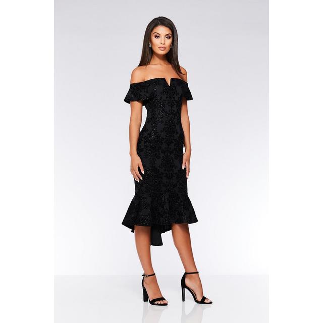 black glitter v bar bardot frill hem dress