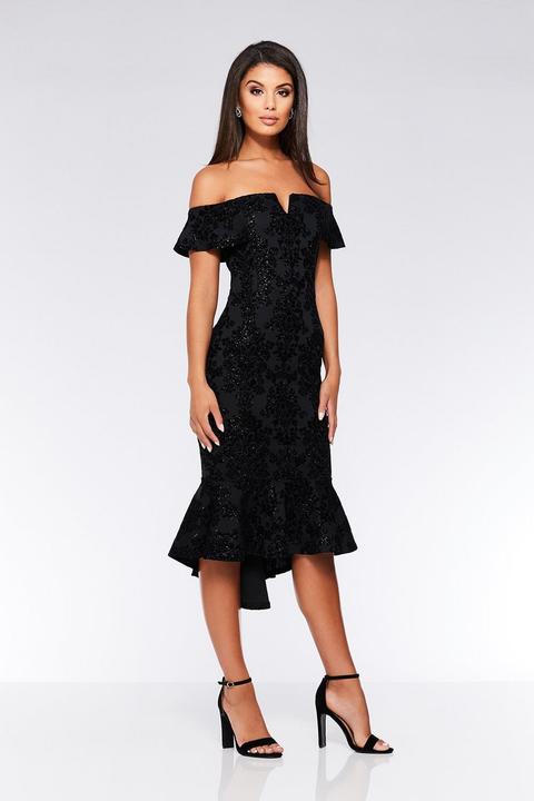 black glitter v bar bardot frill hem dress