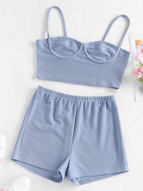 Zaful Conjunto De Shorts De Cintura Alta Cupido Acanalado Light Blue