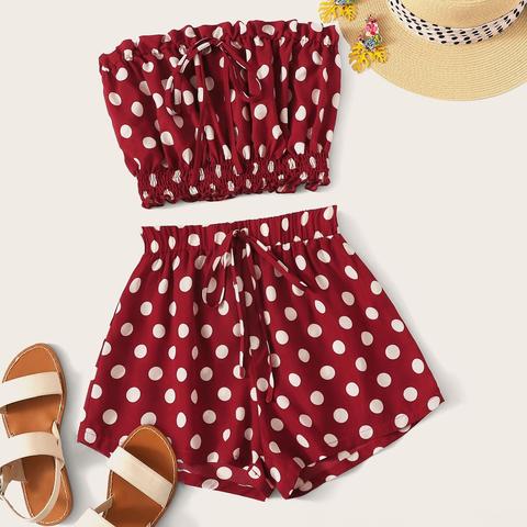 Conjunto Top Fruncido Ribete Fruncido Con Nudo De Lunares Con Shorts