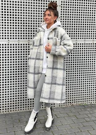 Longline Teddy Borg Checked Long Sleeve Shacket Coat Grey