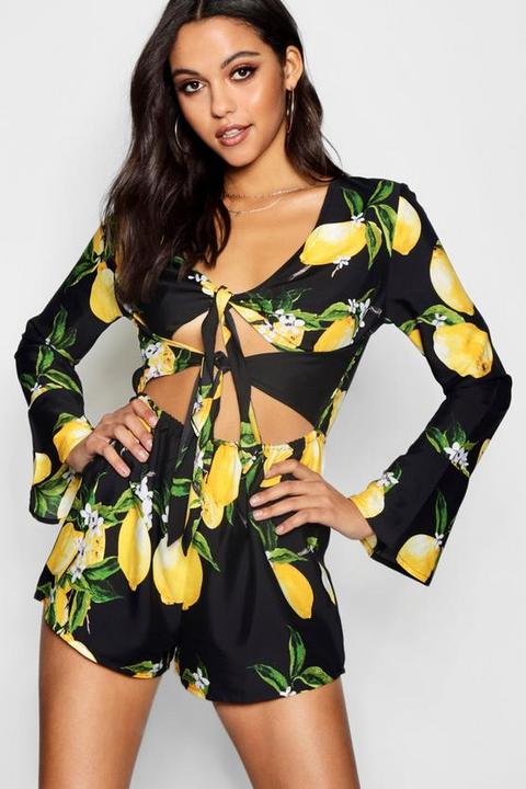 Lemon Print Knot Flare Sleeve Playsuit