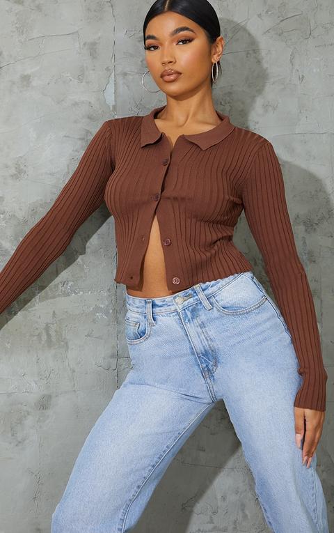 Chocolate Ribbed Collared Button Up Knitted Cardigan