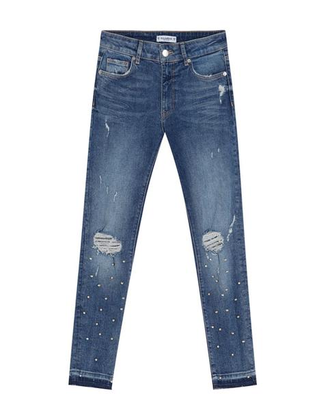 Jeans Skinny Fit Con Rotos Y Brillos