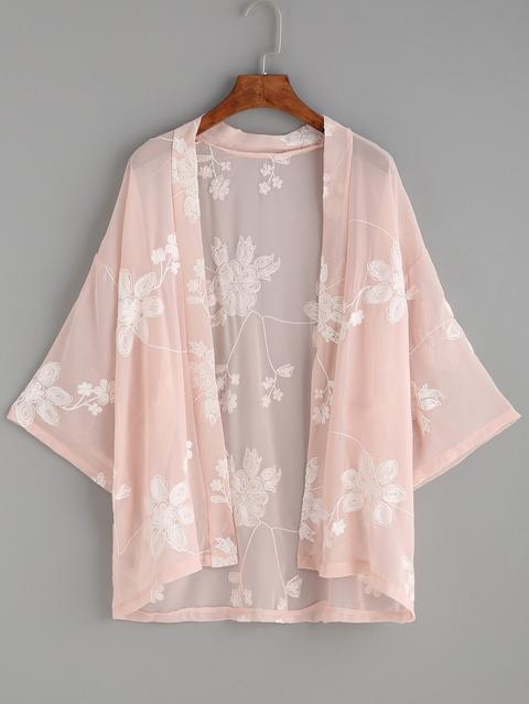 Kimono Bordado Floral - Rosa