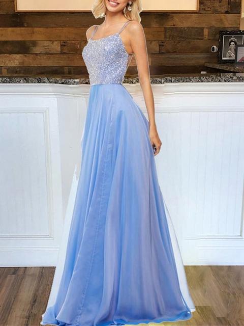 Maxi Dress Paillettes Luccicanti Senza Schienale Elegante Prom Party Wedding Azzurro