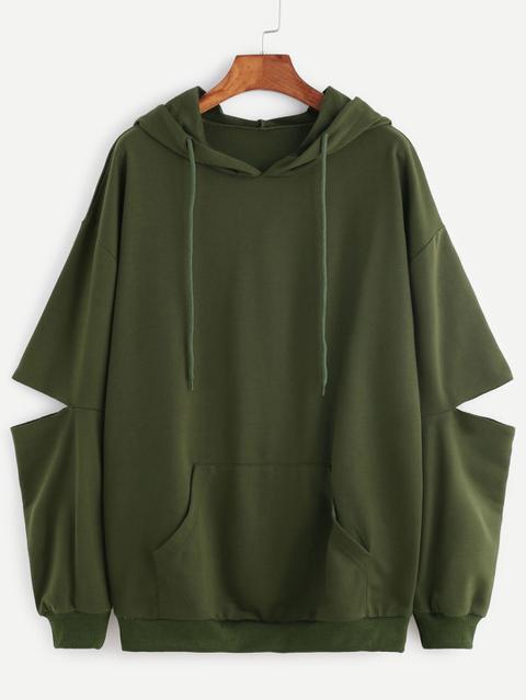 Felpa Spalle Cascanti Con Cappuccio E Tasche - Verde Militare