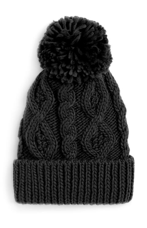 Gorro De Punto Negro Con Pompón