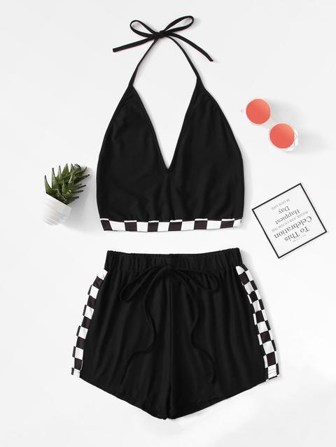 Contrast Gingham Halter Top With Drawstring Waist Shorts
