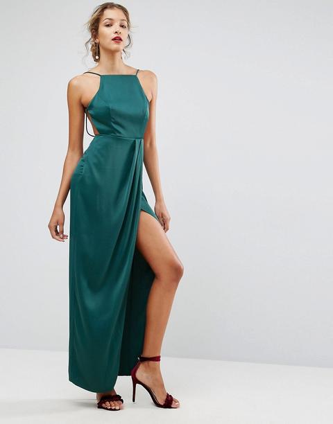 Vestido Largo Con Drapeado Delicado En La Parte Delantera En Negro De Asos-verde
