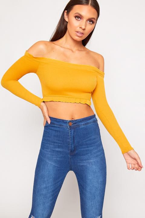 Grace Ribbed Ruffle Long Sleeve Bardot Crop Top