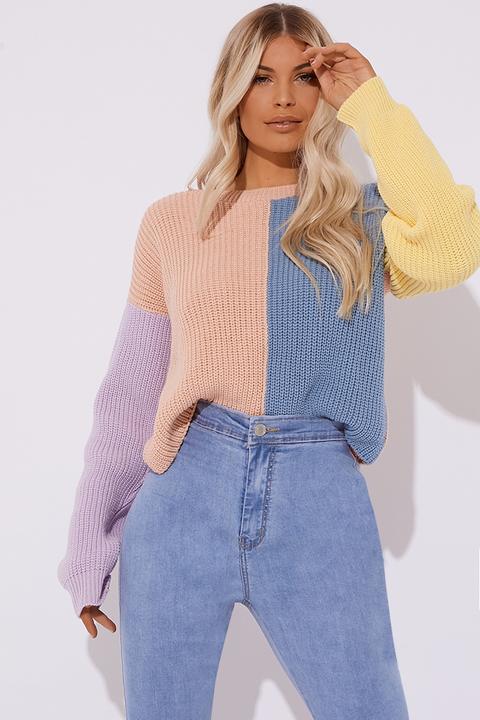 Blue Jumpers - Bonnita Pastel Colour Block Crew Neck Jumper