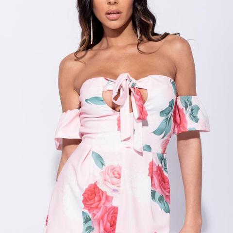 Pink Rose Floral Bardot Tie Front Cut Out Detail Playsuit