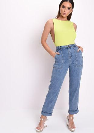 High Waisted Cargo Mid Wash Denim Jeans Blue