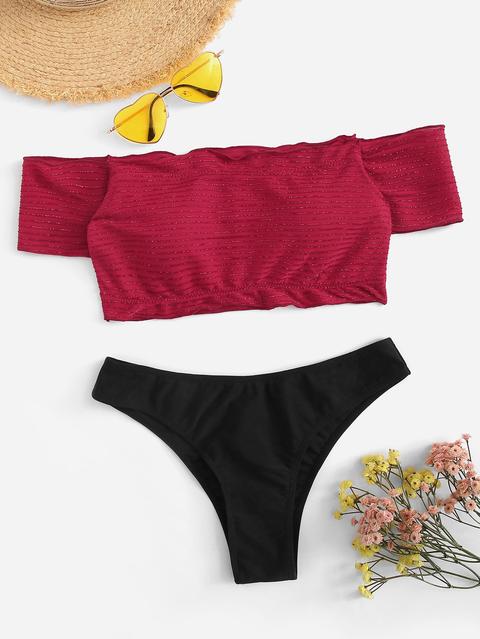 Set Bikini Top A Barchette A Righe Con Bordo A Lattuga