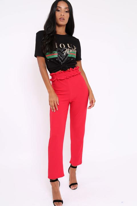 Red Frill Hem Wide Legged Trousers - Megan