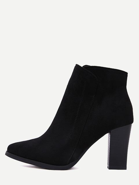 Black Faux Suede Pointed Toe Side Zipper Ankle Boots