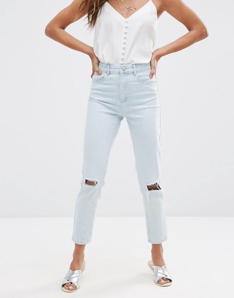 Asos - Farleigh - Mom Jeans Slim A Vita Alta Blu Vintage Con Strappi - Blu