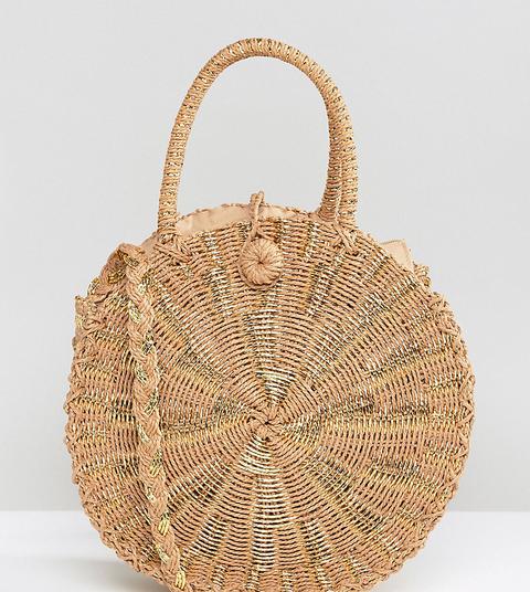 South Beach Round Gold Woven Straw Cross Body Bag - Natural/gold