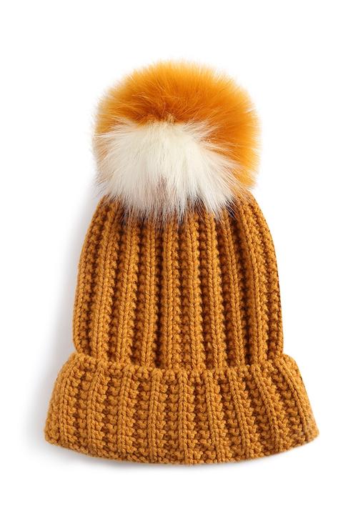 Mustard Faux Fur Pom Pom Beanie