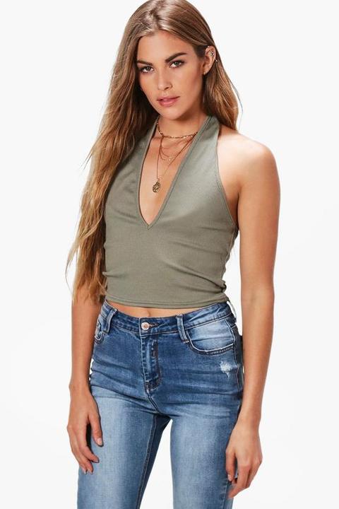 Basic Deep Plunge Neck Rib Crop Top