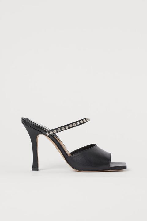 Sandalias De Piel Con Strass - Negro