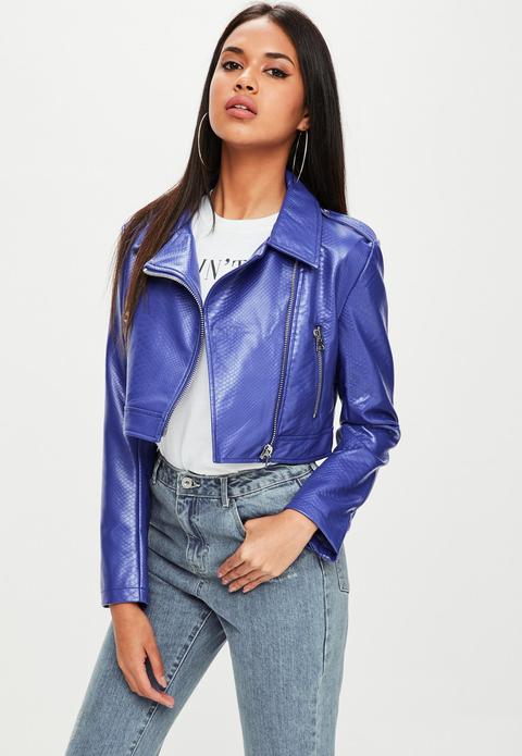 Blue Cropped Faux Snake Biker Jacket, Blue