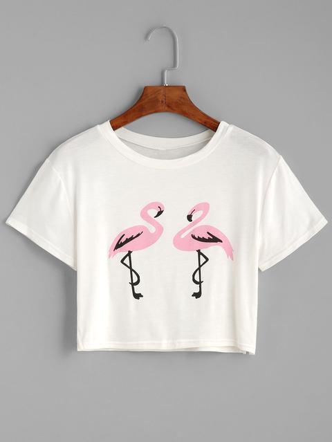 White Flamingos Print Split Side Crop Top