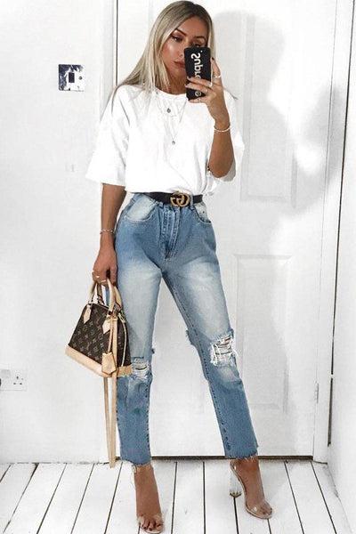 Light Denim Back Distressed Mom Jeans - Mio