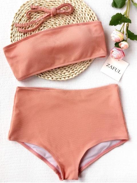 Ribbed Texture Bandeau High Waisted Bikini