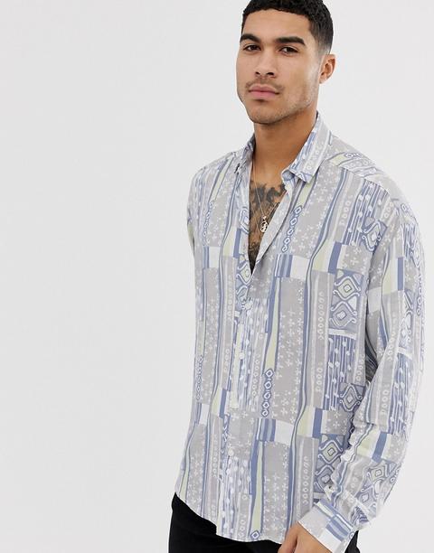 Asos Design Regular Fit Vintage Style Shirt In Grey And Blue