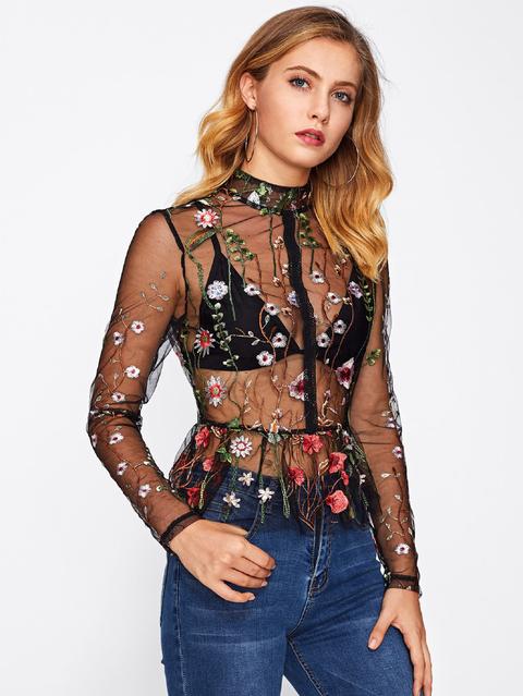 Top Transparente Con Bordado Botánico Con Péplum