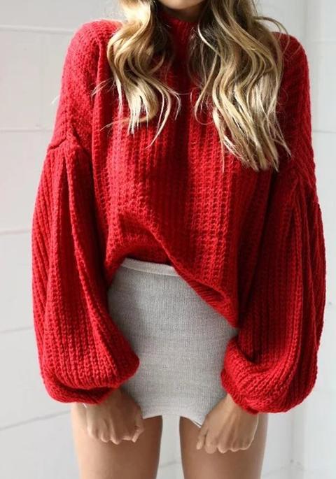 Maglione Manica Collo Lanterna Moda Rosso