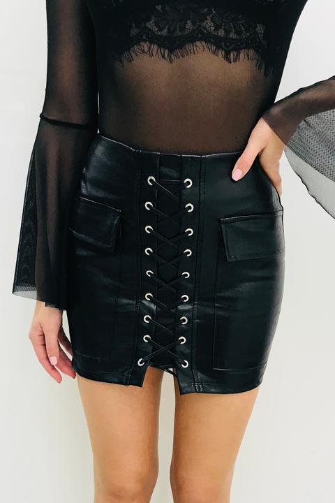 Trinity Black Pu Lace Up Mini Skirt