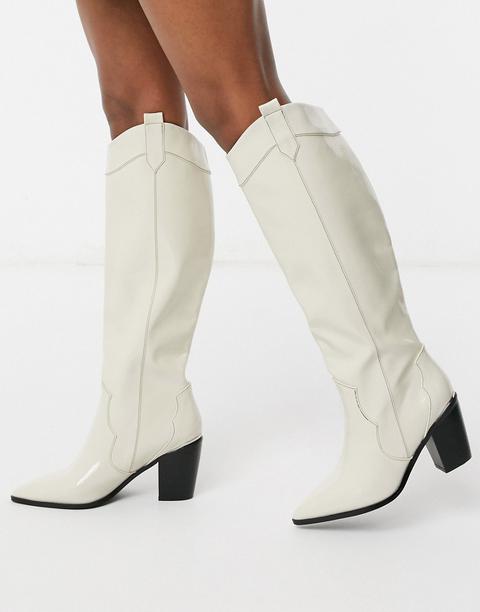 Asos Design Catch Up Western Pull On Knee Boots In Off White